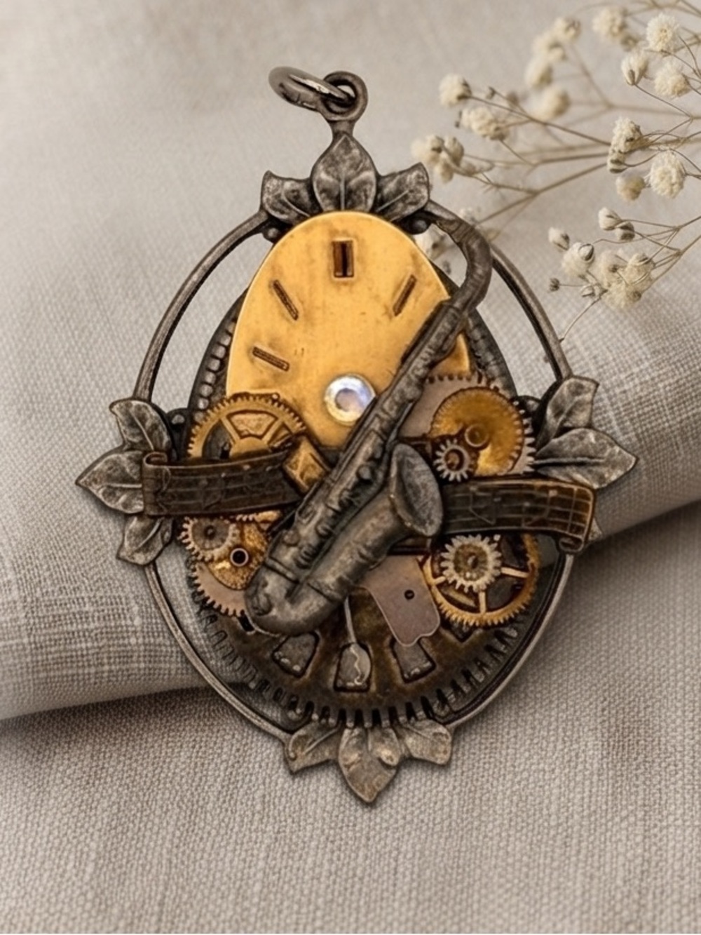 Dixi Steampunk Saxophone Brooch/Pendant with Clock Gears